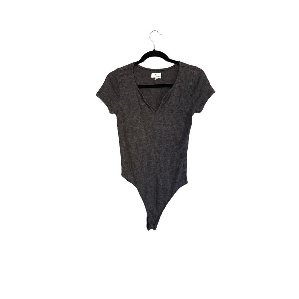 True Craft Womens medium Gray Bodysuit Snap Closure V neck Sexy Bodysuit